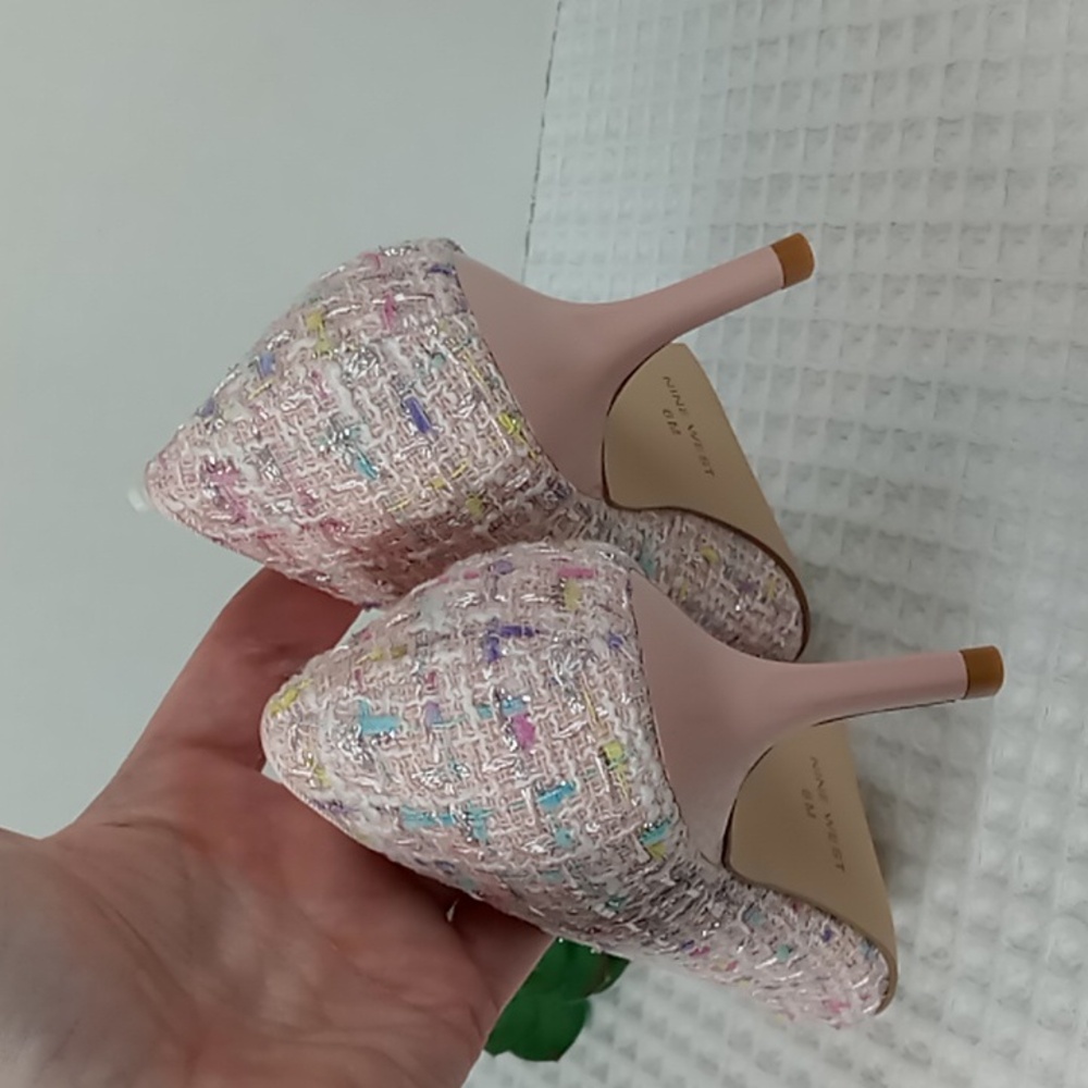 NWOT Nine West Arlene Pointed Toe Tweed Kitten Heel Pumps Size 6 Pink/White/Blue - Picture 5 of 12